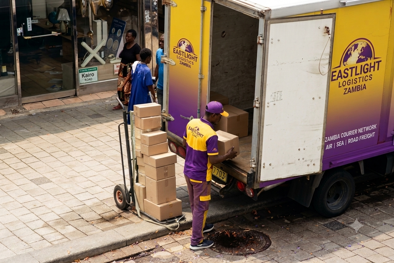 Eastlight courier loading parcels into a branded delivery truck
