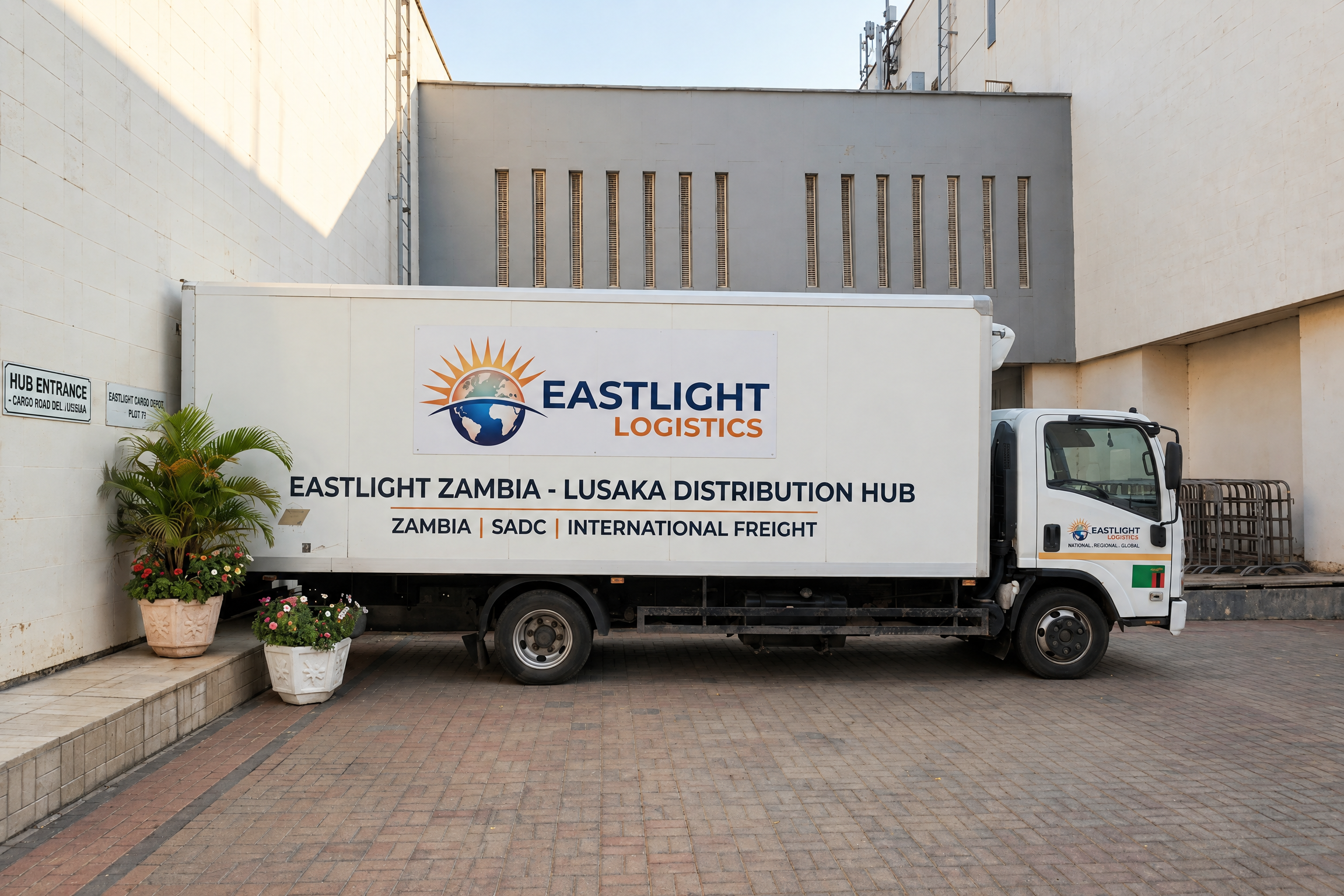 Branded Eastlight logistics truck at a loading area